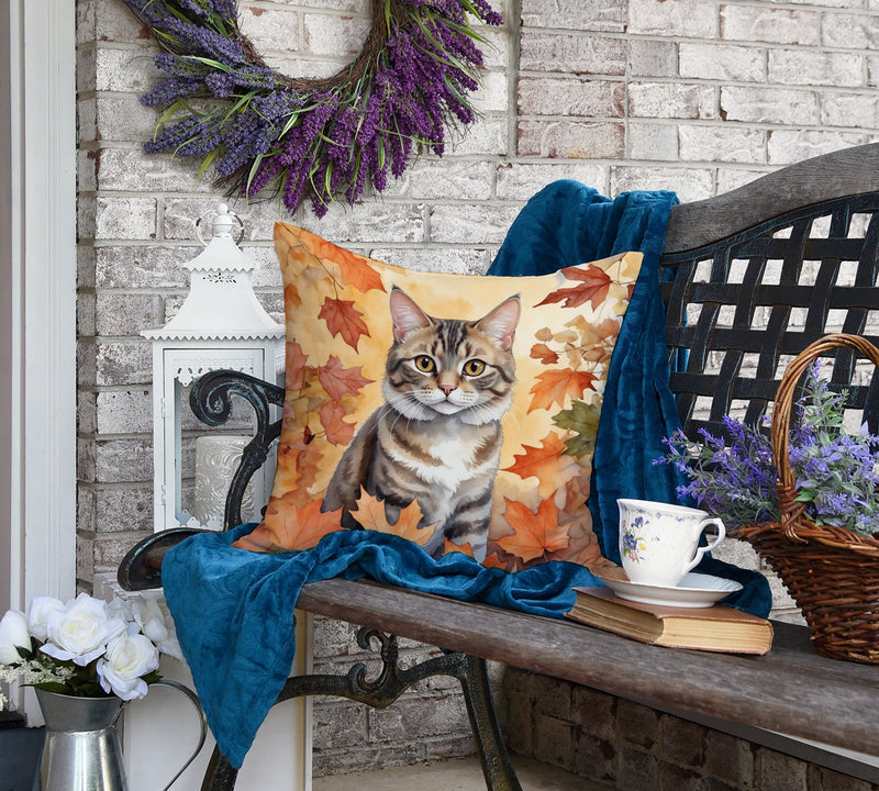 American Bobtail Cat in Fall Leaves Throw Pillow