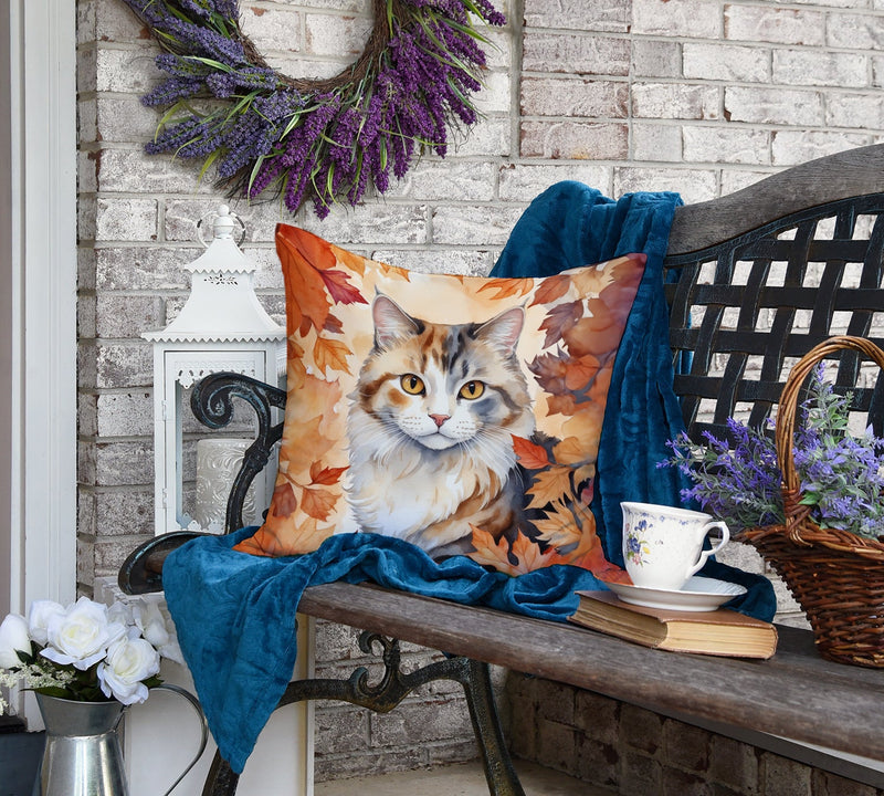 American Curl Cat in Fall Leaves Throw Pillow