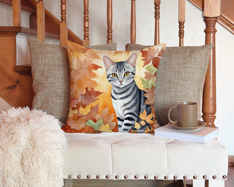 American Shorthair Cat in Fall Leaves Throw Pillow