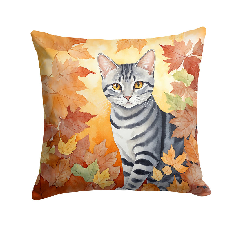 American Shorthair Cat in Fall Leaves Throw Pillow