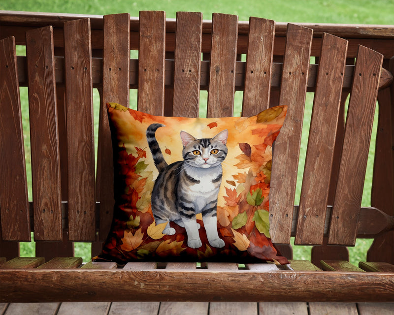 American Wirehair Cat in Fall Leaves Throw Pillow