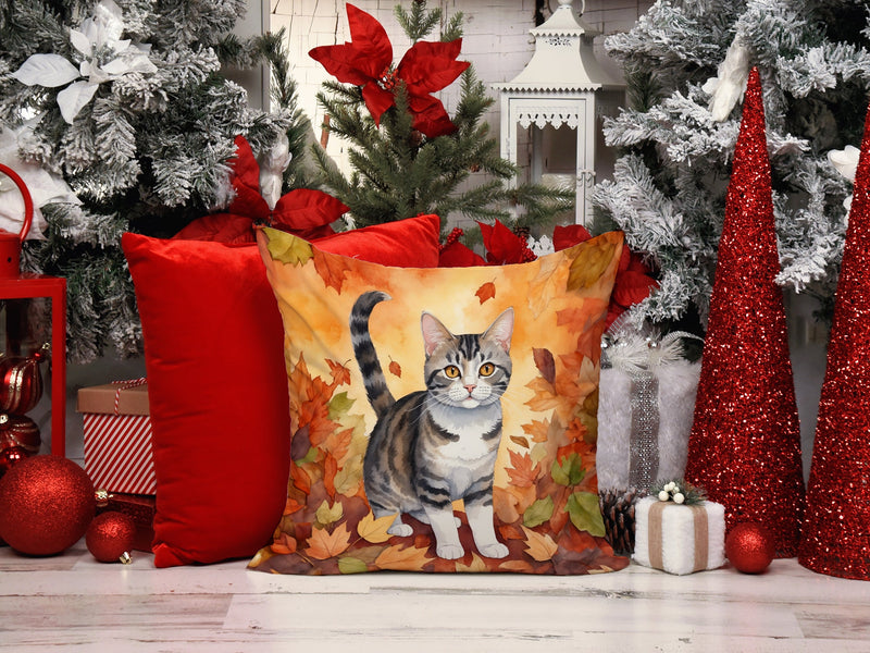 American Wirehair Cat in Fall Leaves Throw Pillow