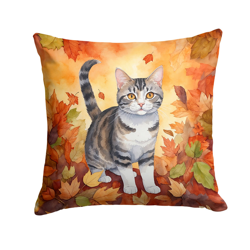 American Wirehair Cat in Fall Leaves Throw Pillow