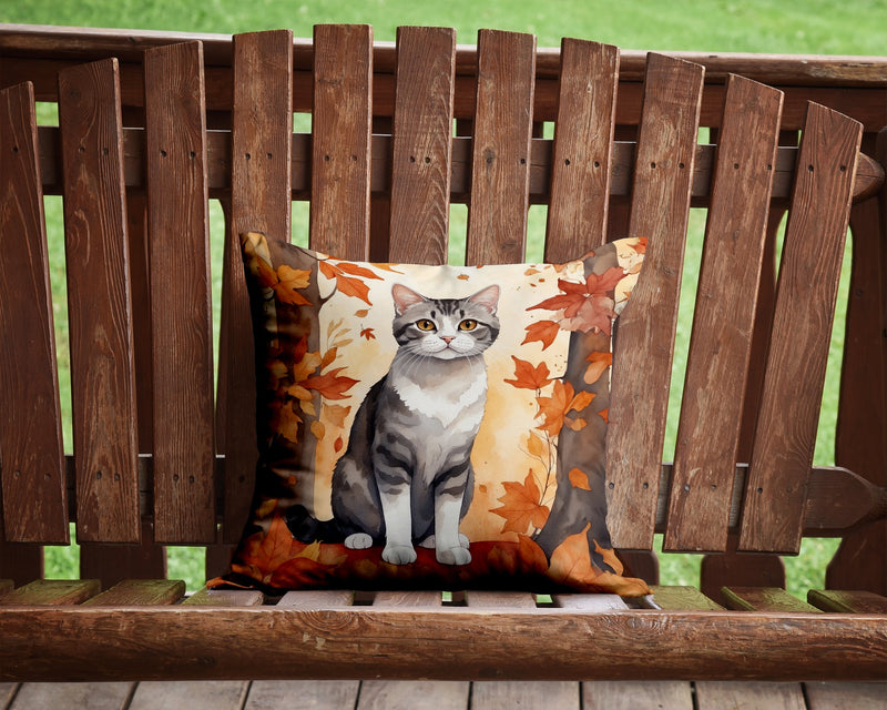 American Wirehair Cat in Fall Leaves Throw Pillow