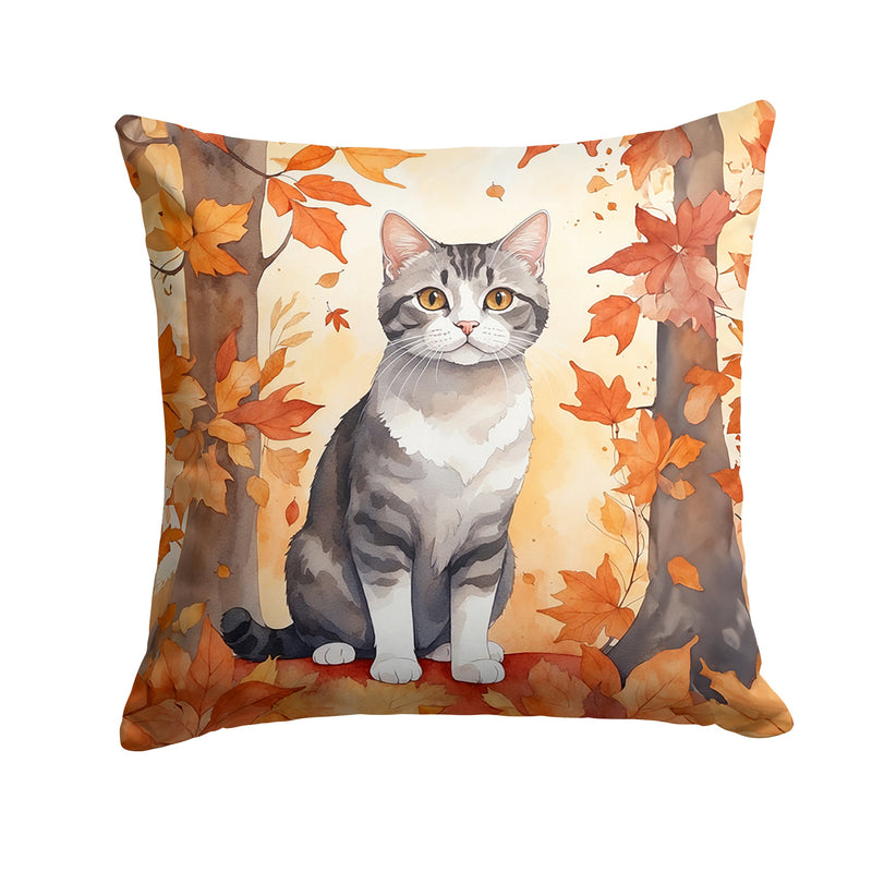 American Wirehair Cat in Fall Leaves Throw Pillow