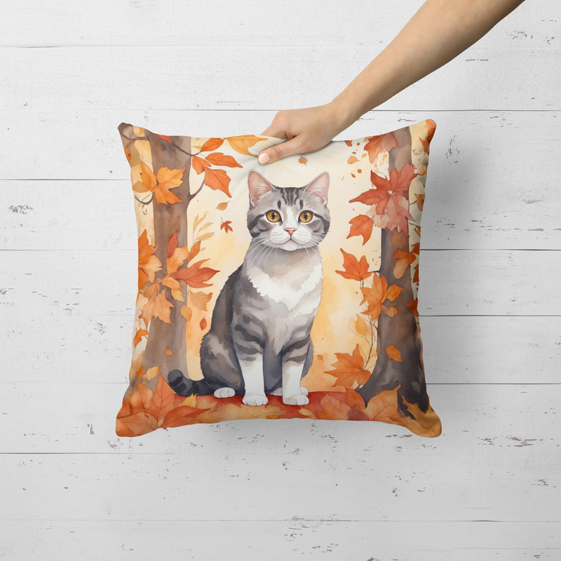 American Wirehair Cat in Fall Leaves Throw Pillow