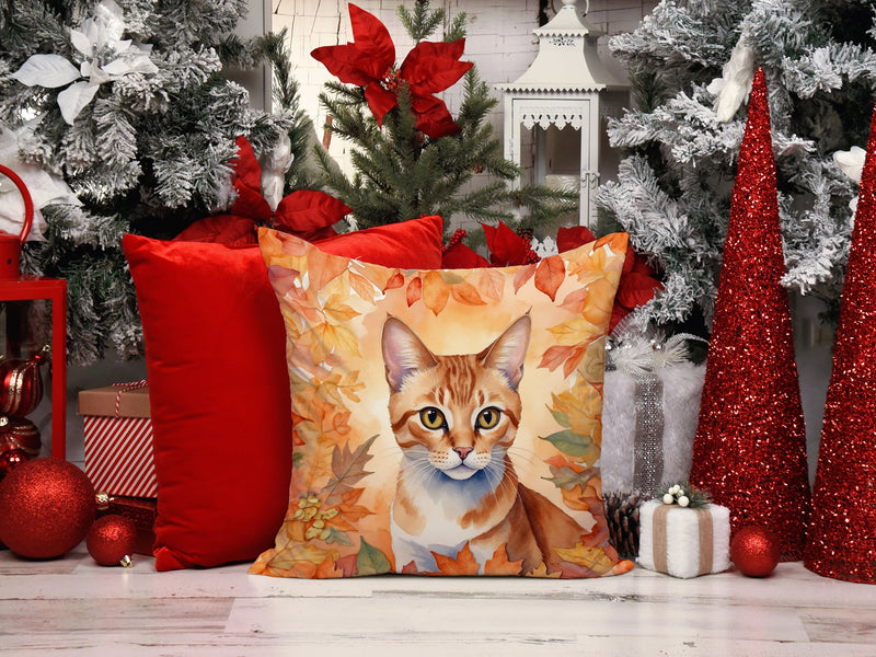 Arabian Mau Cat in Fall Leaves Throw Pillow