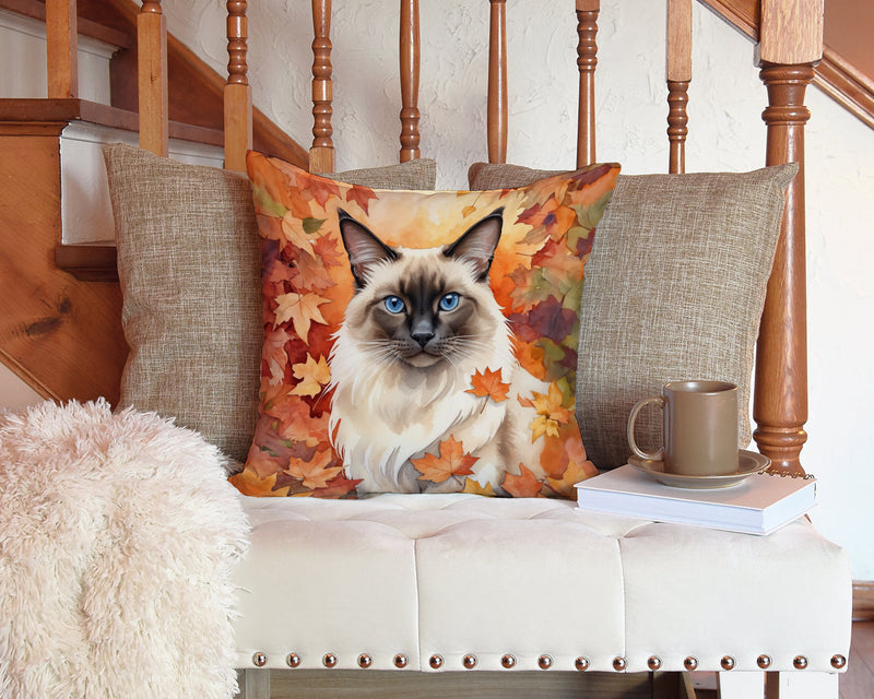 Balinese Cat in Fall Leaves Throw Pillow