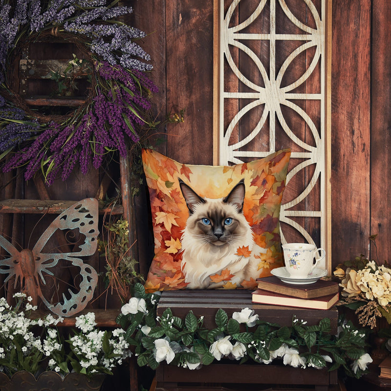 Balinese Cat in Fall Leaves Throw Pillow