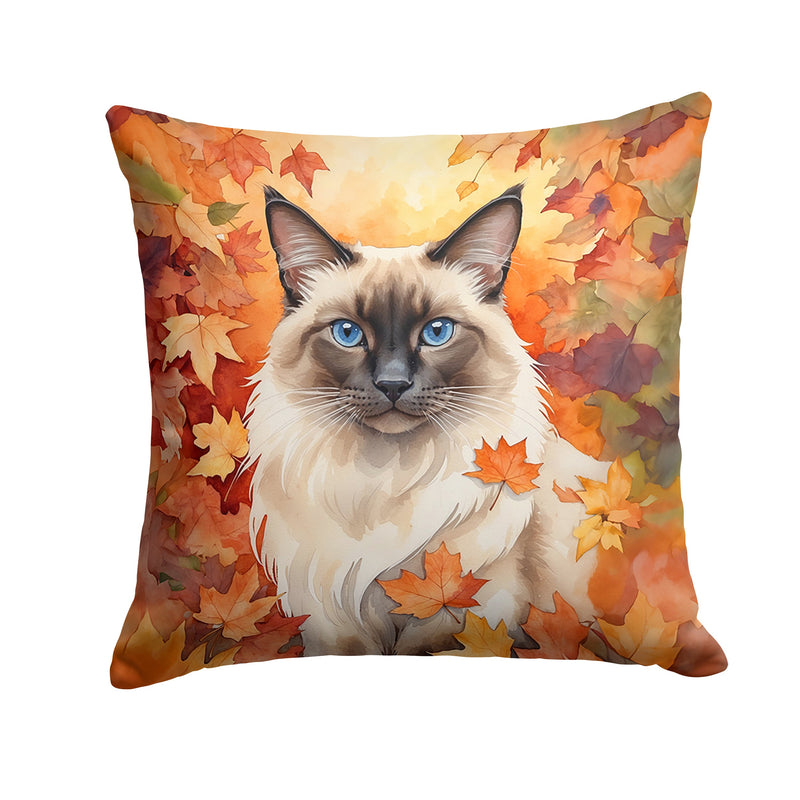 Balinese Cat in Fall Leaves Throw Pillow