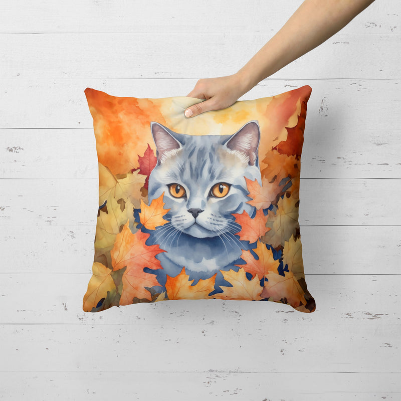 British Shorthair Cat in Fall Leaves Throw Pillow