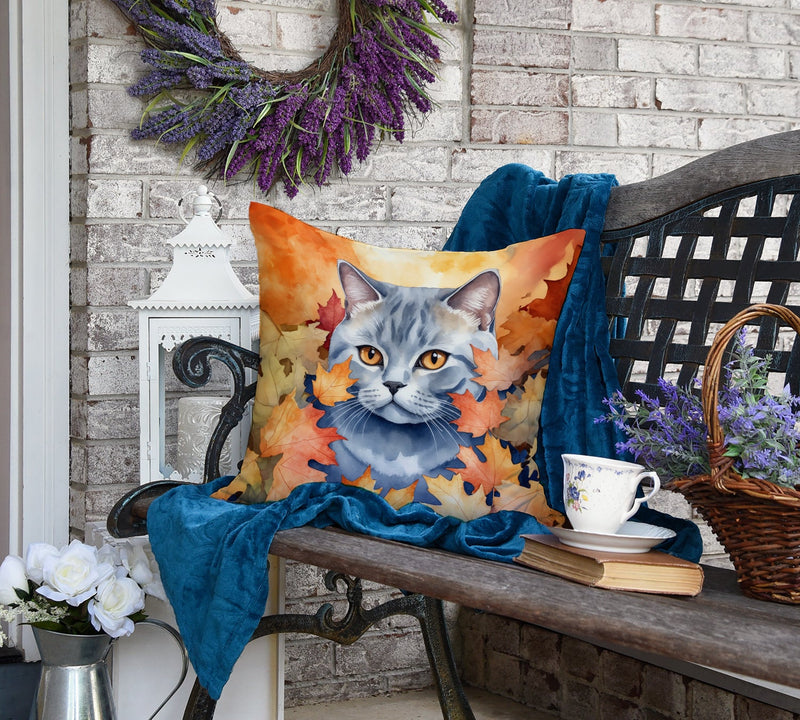 British Shorthair Cat in Fall Leaves Throw Pillow