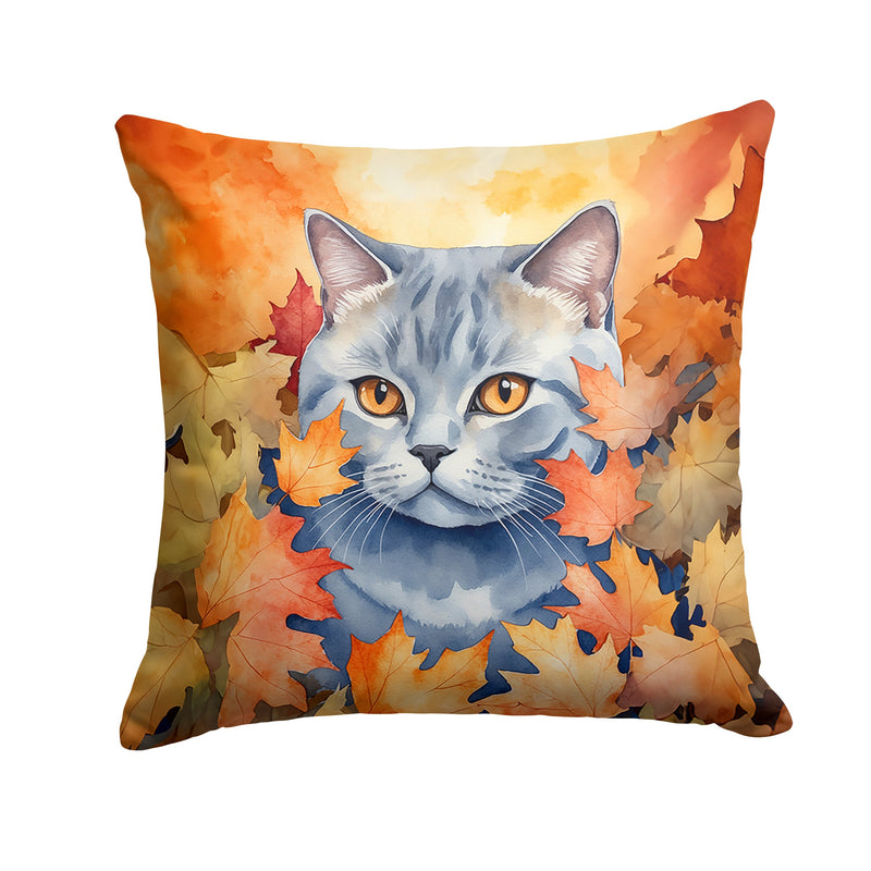 British Shorthair Cat in Fall Leaves Throw Pillow