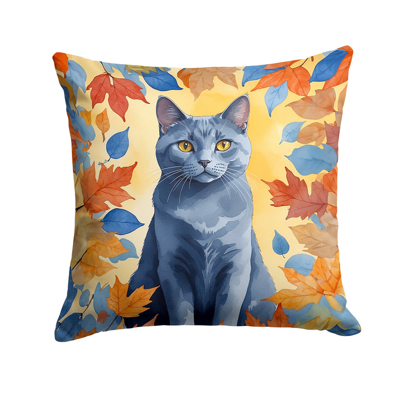 Chartreux Cat in Fall Leaves Throw Pillow