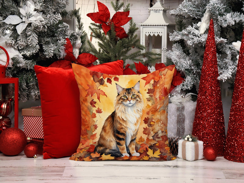 Cymric Cat in Fall Leaves Throw Pillow