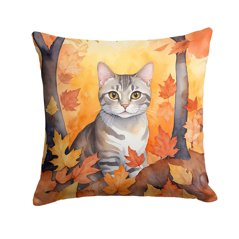 European Shorthair Cat in Fall Leaves Throw Pillow