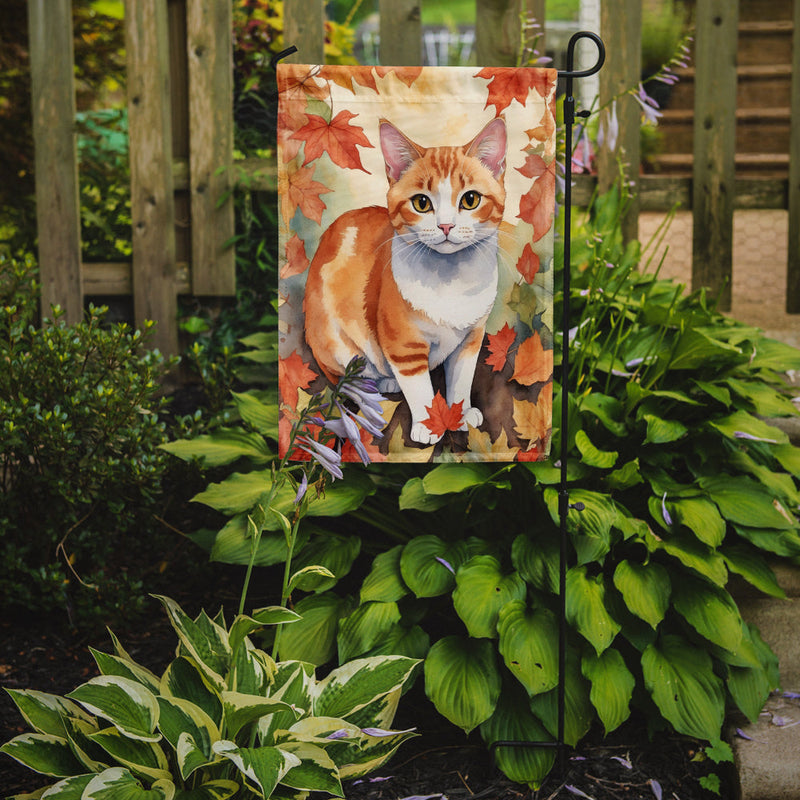 Japanese Bobtail Cat in Fall Leaves Garden Flag