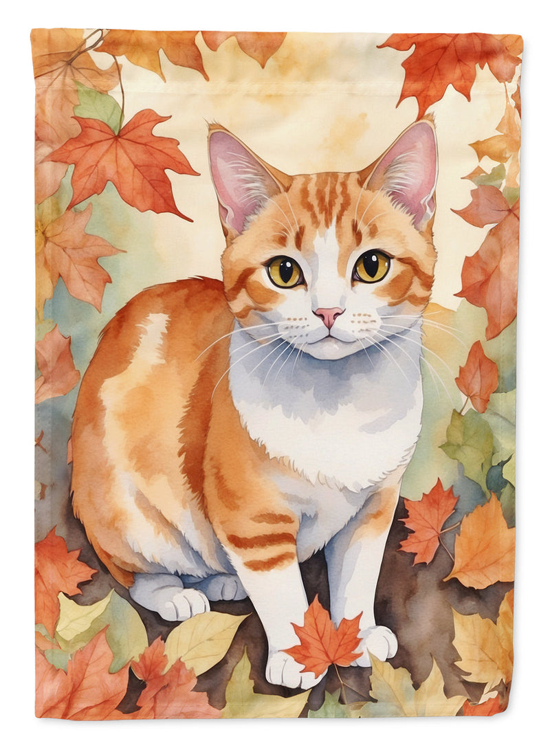 Japanese Bobtail Cat in Fall Leaves Garden Flag