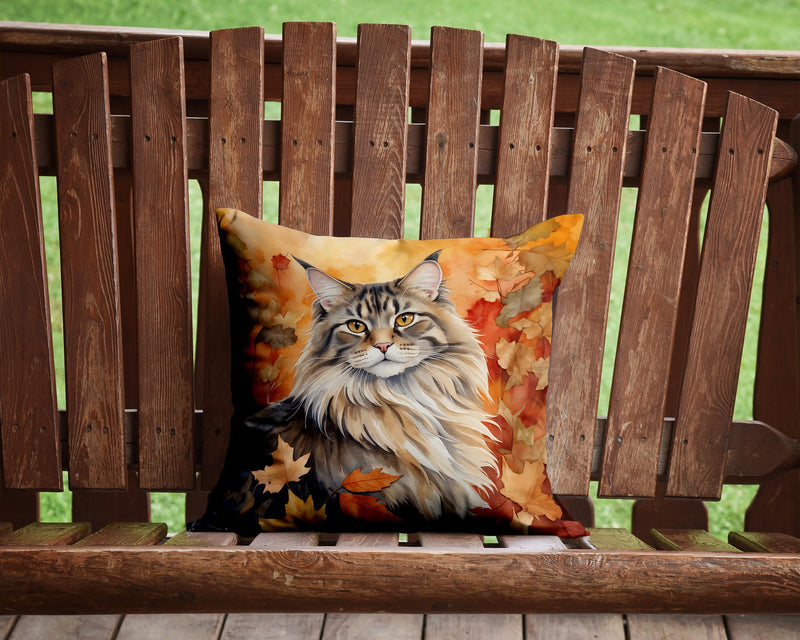 MaineCoon Cat in Fall Leaves Throw Pillow