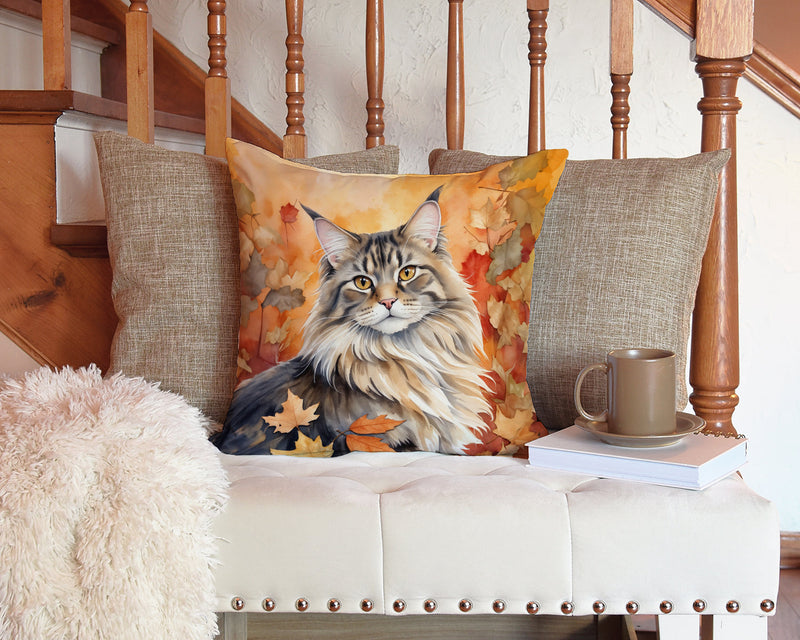 MaineCoon Cat in Fall Leaves Throw Pillow