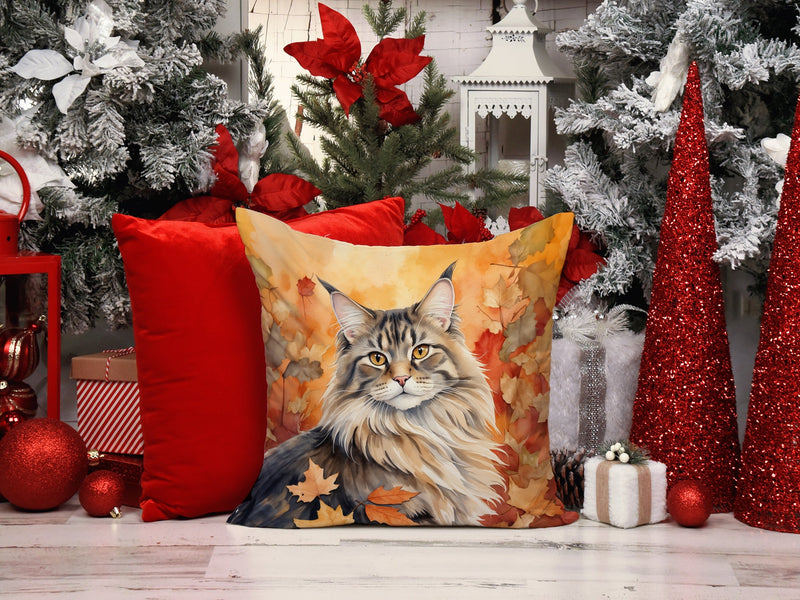 MaineCoon Cat in Fall Leaves Throw Pillow