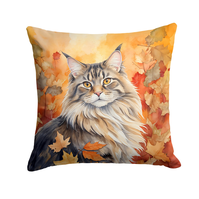 MaineCoon Cat in Fall Leaves Throw Pillow