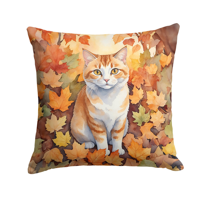 Manx Cat in Fall Leaves Throw Pillow