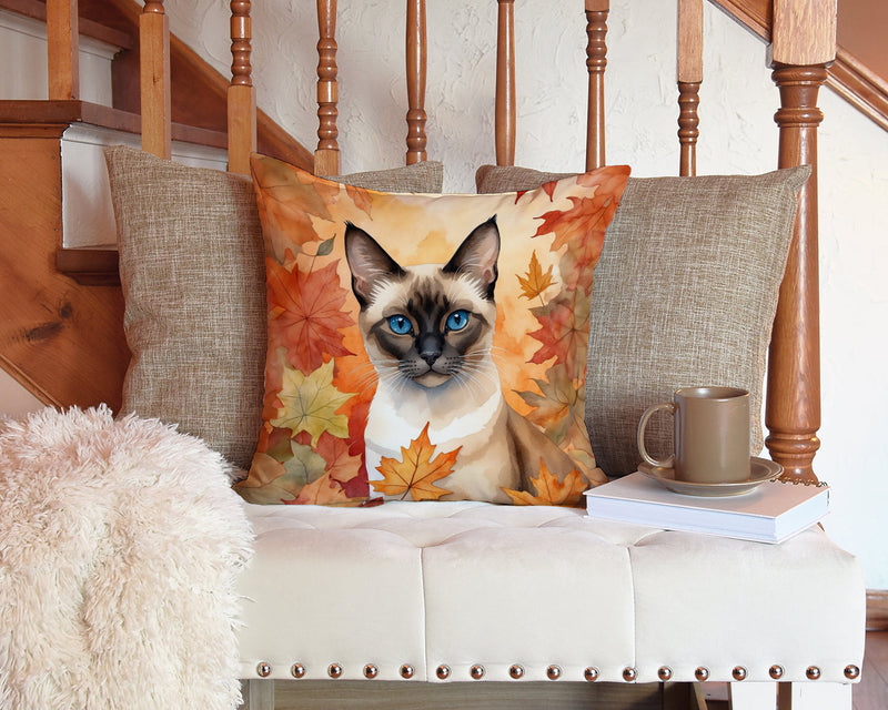 Siamese Cat in Fall Leaves Throw Pillow