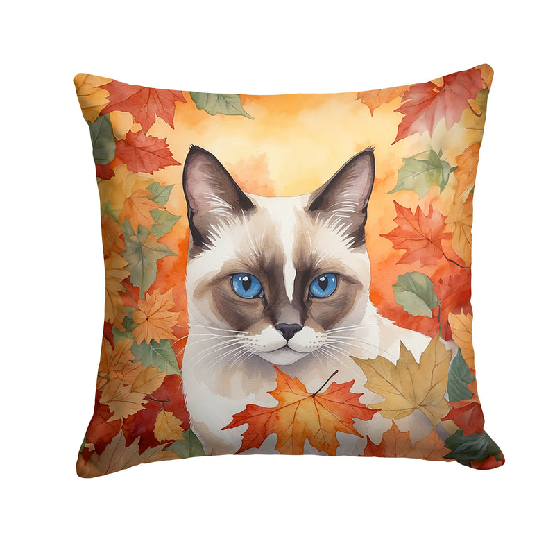 Snowshoe Cat in Fall Leaves Throw Pillow