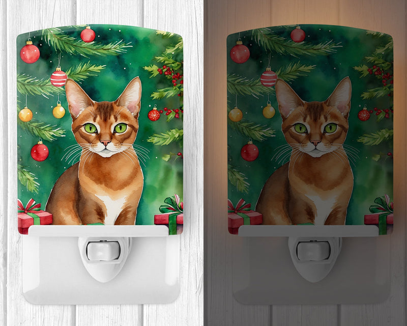 Abyssinian Cat By the Christmas Tree Ceramic Night Light