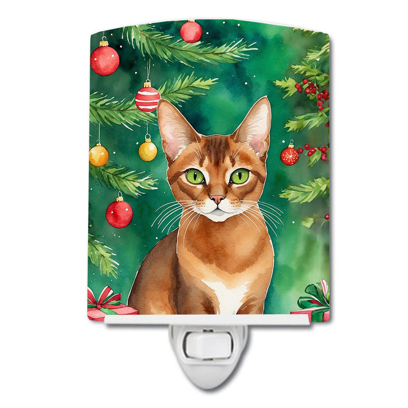 Abyssinian Cat By the Christmas Tree Ceramic Night Light