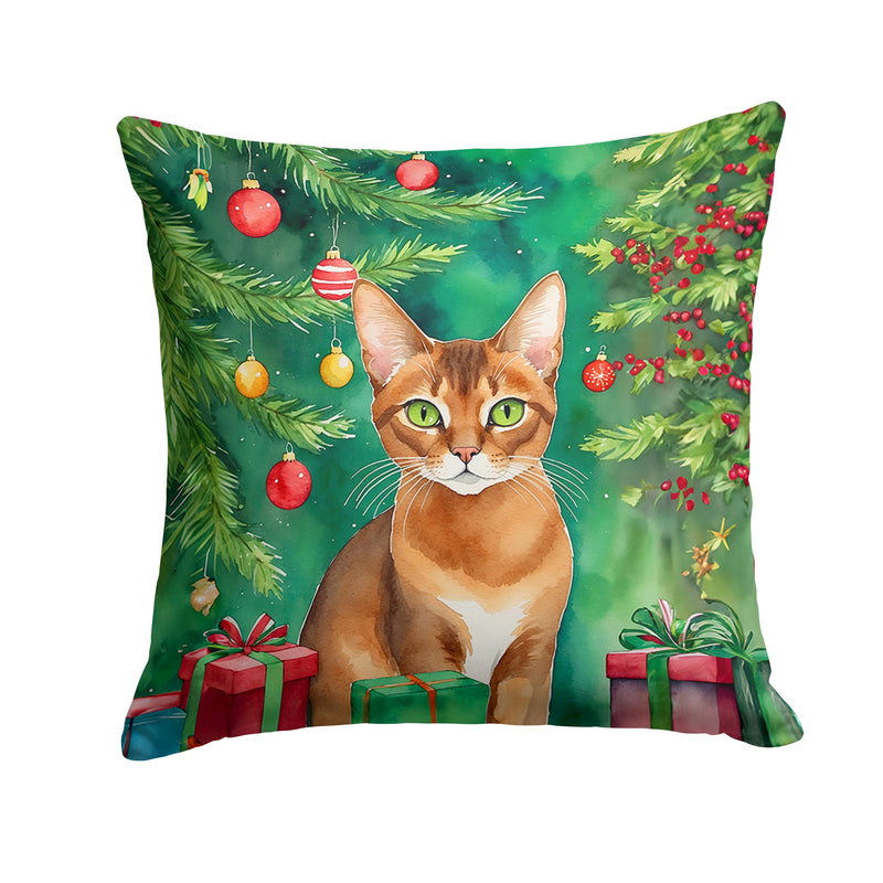 Abyssinian Cat By the Christmas Tree Throw Pillow