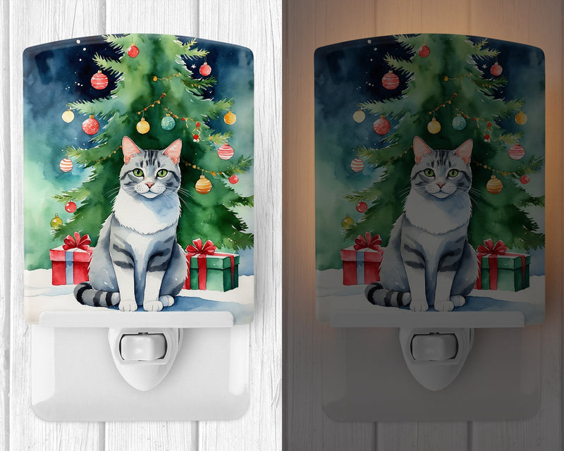 Aegean Cat By the Christmas Tree Ceramic Night Light