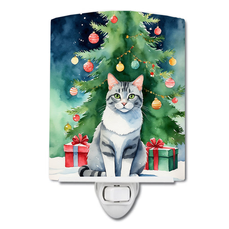 Aegean Cat By the Christmas Tree Ceramic Night Light