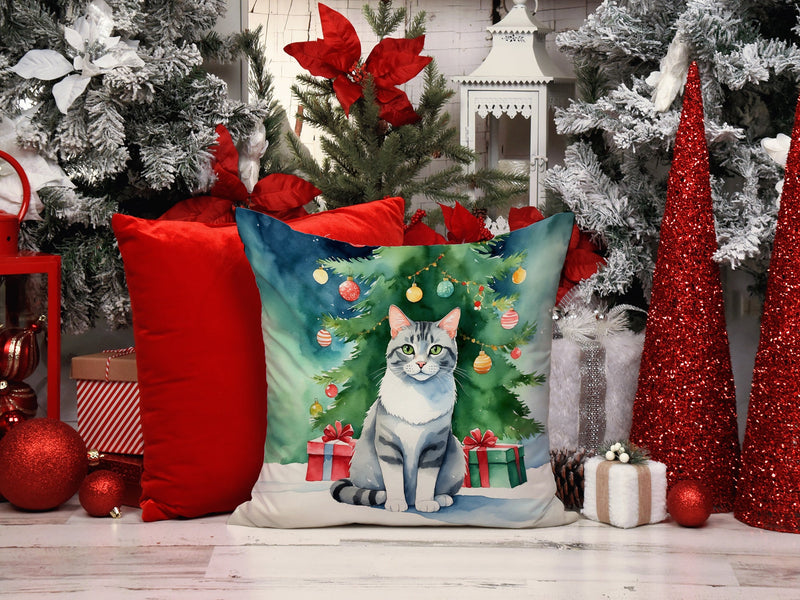 Aegean Cat By the Christmas Tree Throw Pillow