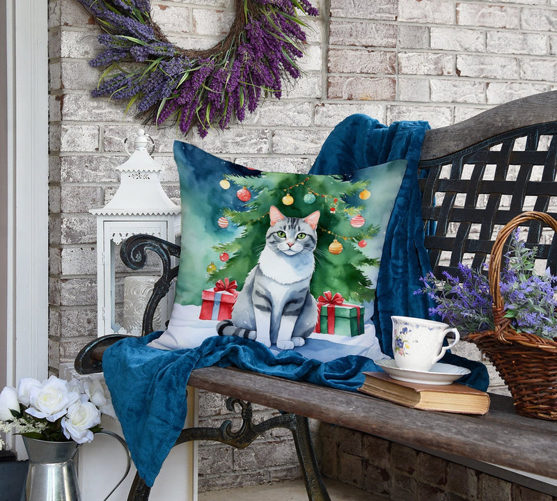 Aegean Cat By the Christmas Tree Throw Pillow