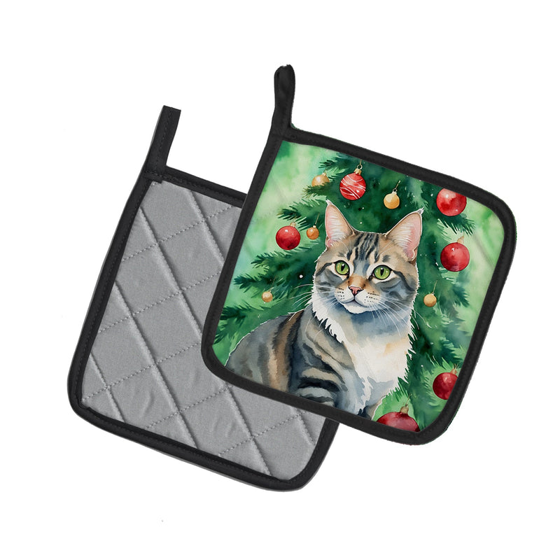 American Bobtail Cat By the Christmas Tree Pair of Pot Holders