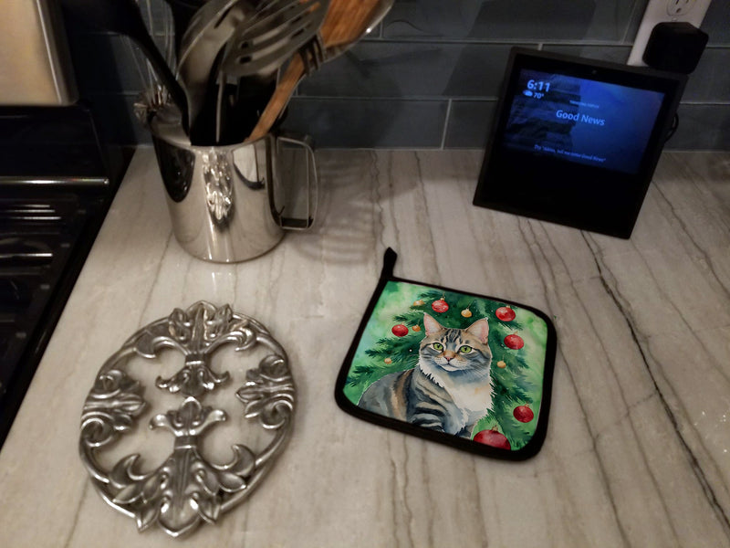 American Bobtail Cat By the Christmas Tree Pair of Pot Holders