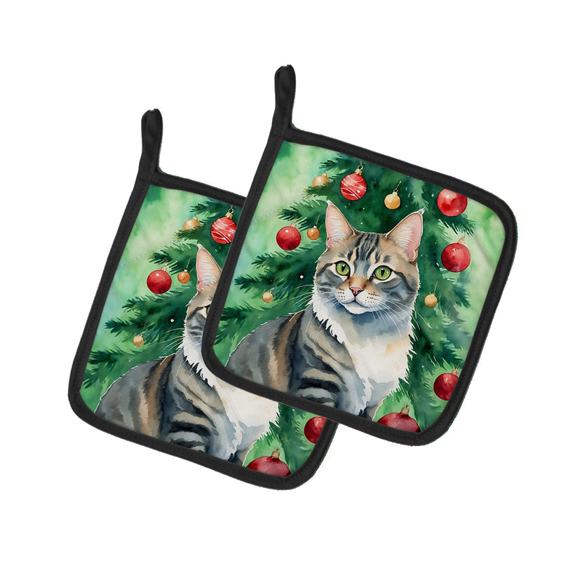 American Bobtail Cat By the Christmas Tree Pair of Pot Holders