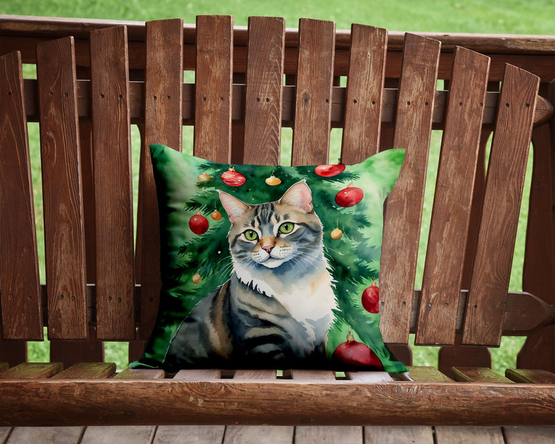 American Bobtail Cat By the Christmas Tree Throw Pillow