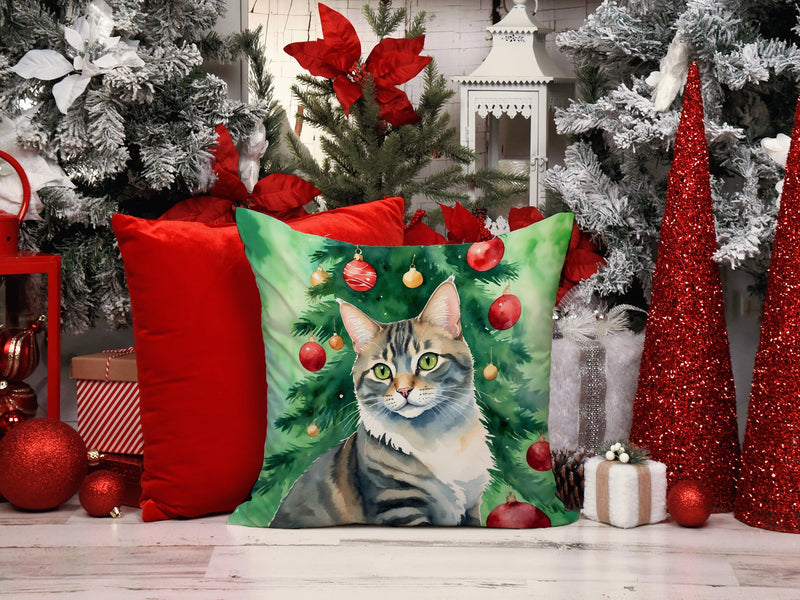 American Bobtail Cat By the Christmas Tree Throw Pillow