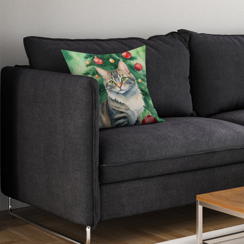 American Bobtail Cat By the Christmas Tree Throw Pillow