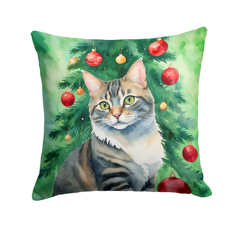 American Bobtail Cat By the Christmas Tree Throw Pillow