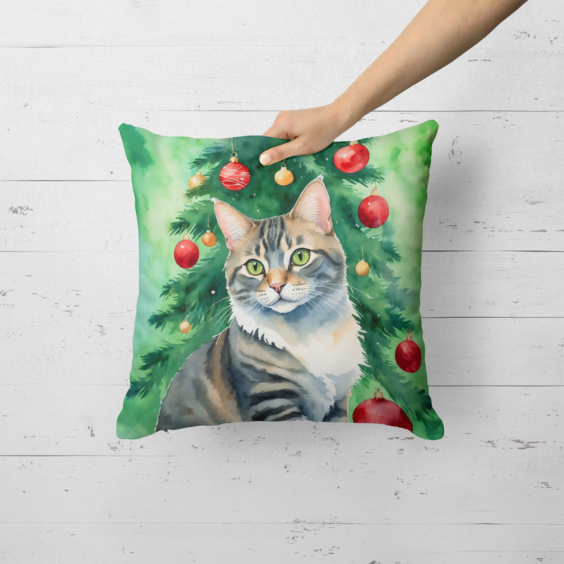 American Bobtail Cat By the Christmas Tree Throw Pillow