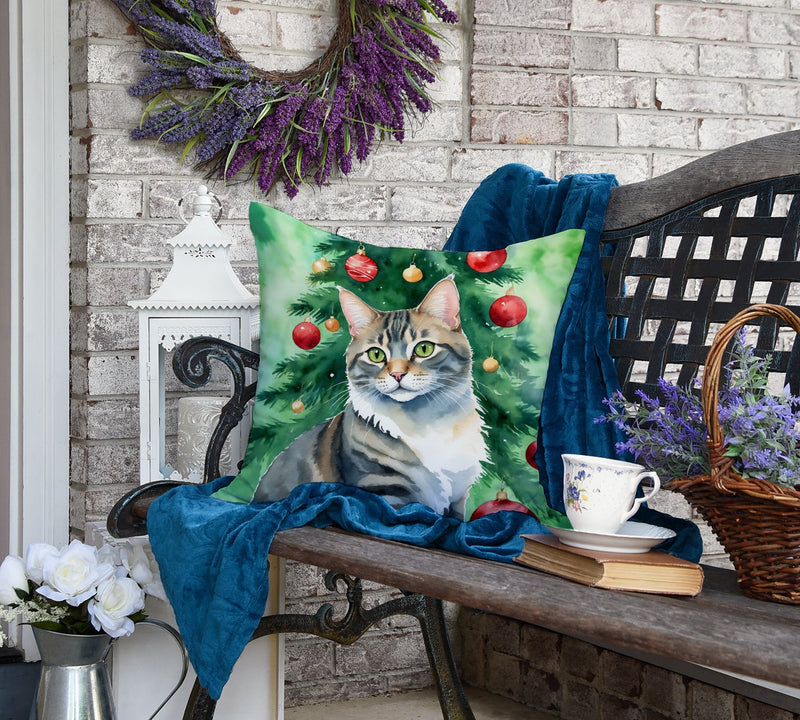 American Bobtail Cat By the Christmas Tree Throw Pillow