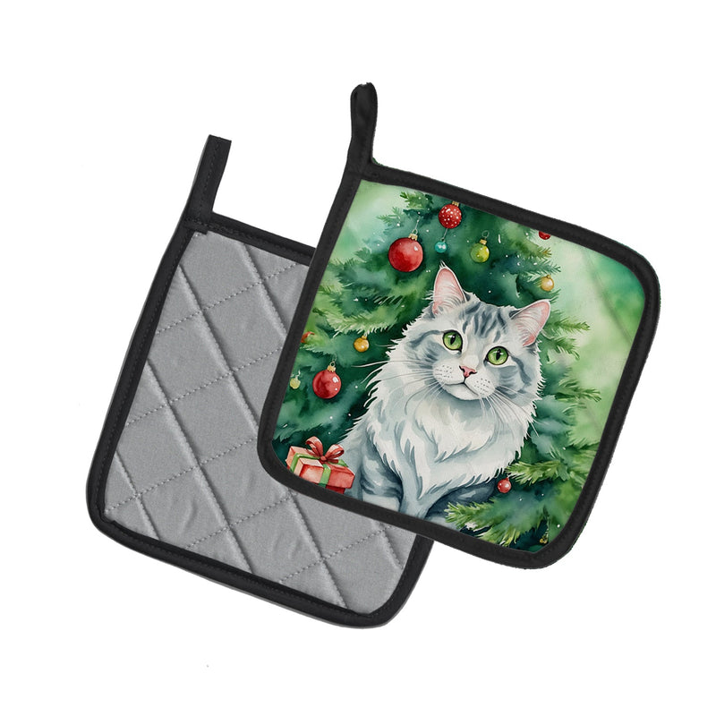 American Curl Cat By the Christmas Tree Pair of Pot Holders