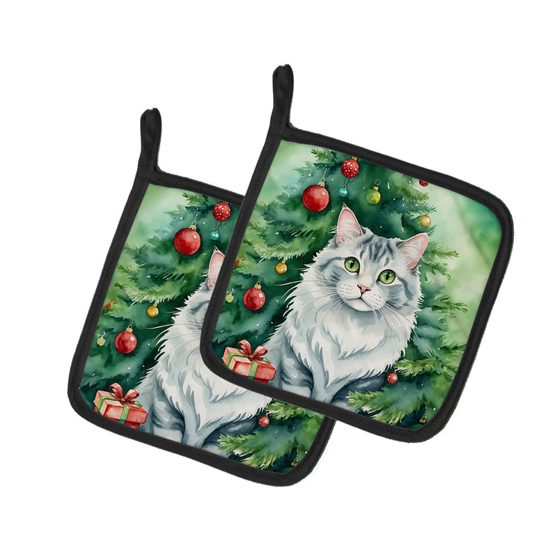 American Curl Cat By the Christmas Tree Pair of Pot Holders