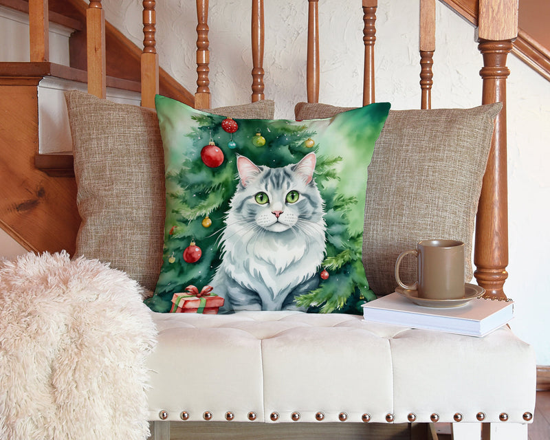 American Curl Cat By the Christmas Tree Throw Pillow