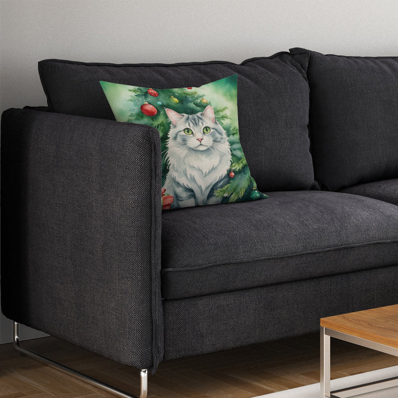 American Curl Cat By the Christmas Tree Throw Pillow