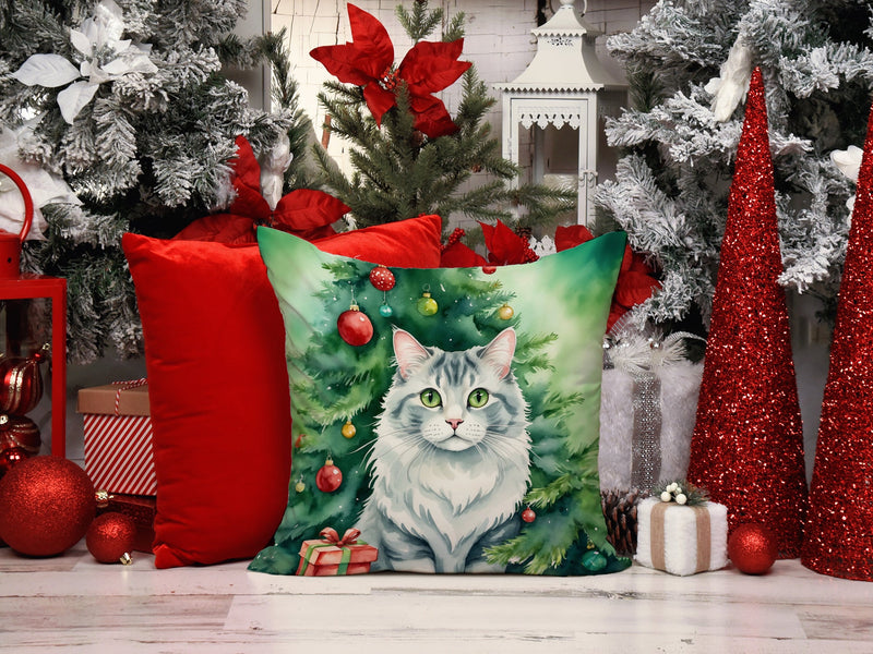 American Curl Cat By the Christmas Tree Throw Pillow